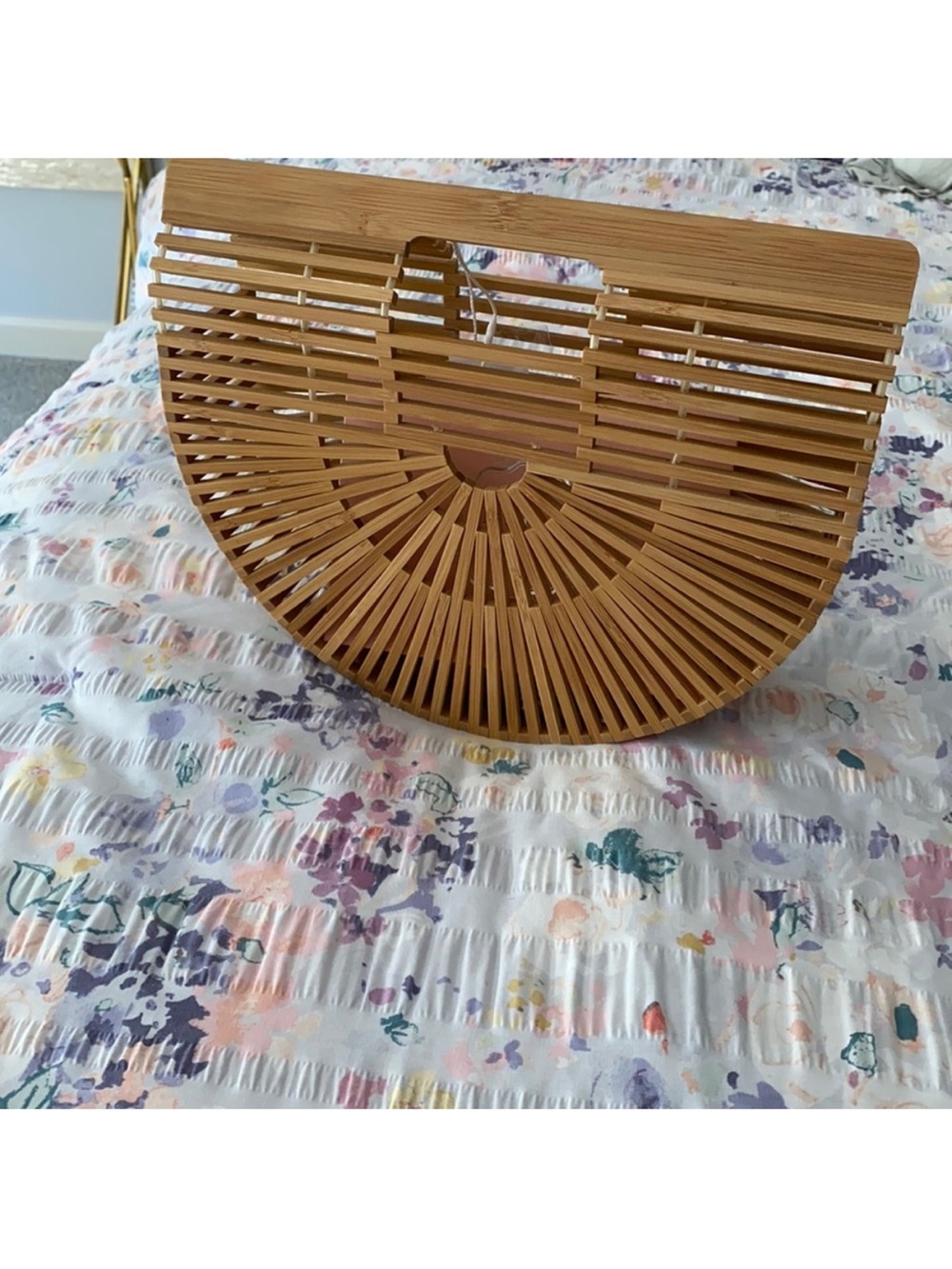Tan Bamboo Half-Moon Structured Handbag